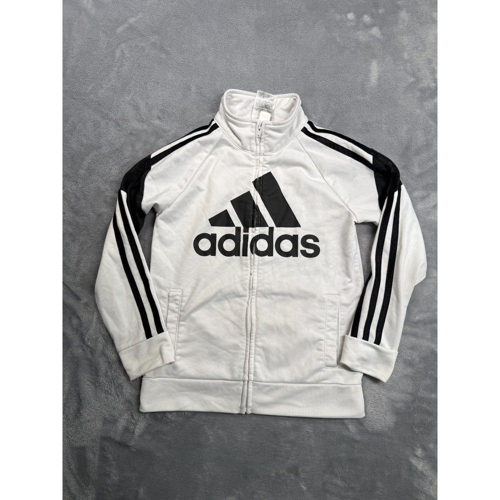 Adidas Track Jacket Boys 6 White Black 3 Stripes Long Sleeve Full Zip Mock Neck